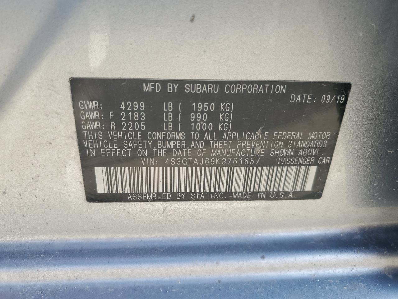 2019 Subaru Impreza Sport VIN: 4S3GTAJ69K3761657 Lot: 61635375