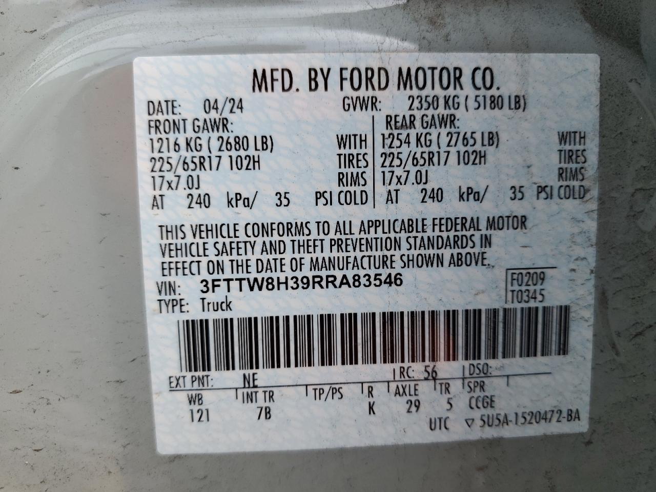 2024 Ford Maverick Xlt VIN: 3FTTW8H39RRA83546 Lot: 61483235