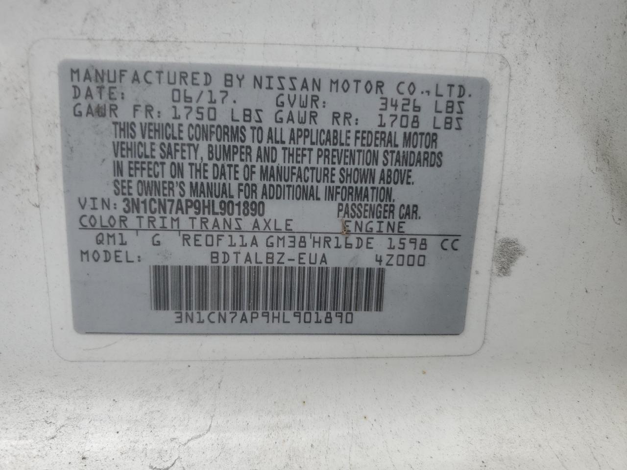 2017 Nissan Versa S VIN: 3N1CN7AP9HL901890 Lot: 62543875
