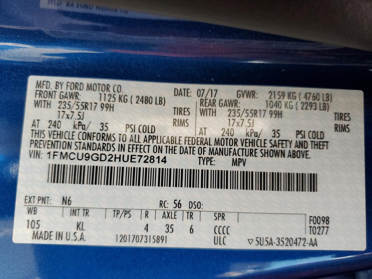 FORD ESCAPE 2017 VIN 1FMCU9GD2HUE72814 zdjęcie 13