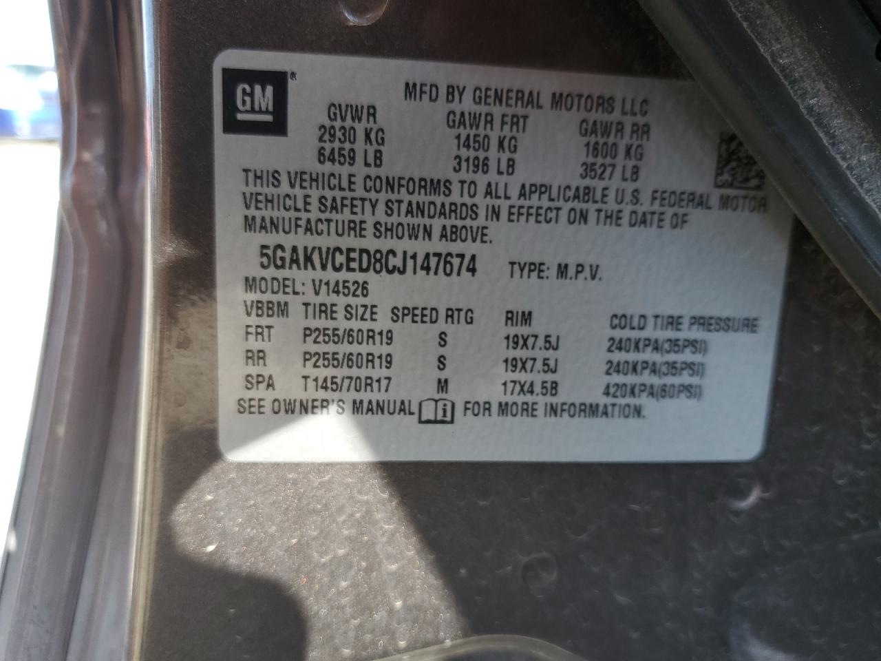 2012 Buick Enclave VIN: 5GAKVCED8CJ147674 Lot: 61449745