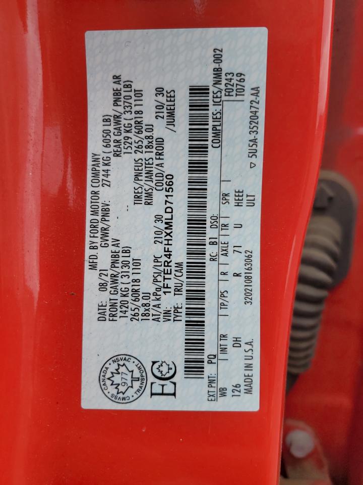 2021 Ford Ranger Xl VIN: 1FTER4FHXMLD71560 Lot: 61524625