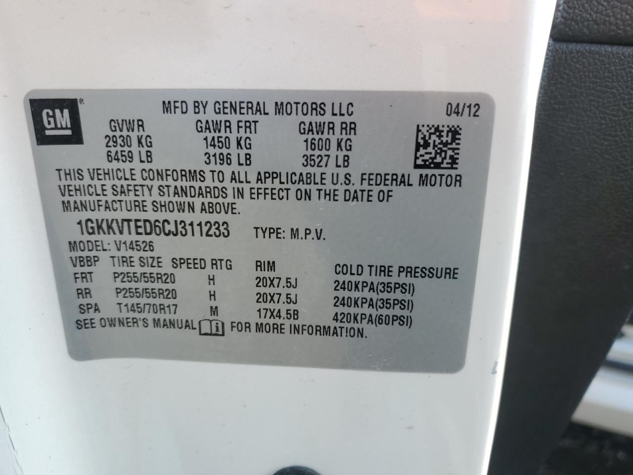 2012 GMC Acadia Denali VIN: 1GKKVTED6CJ311233 Lot: 59534025