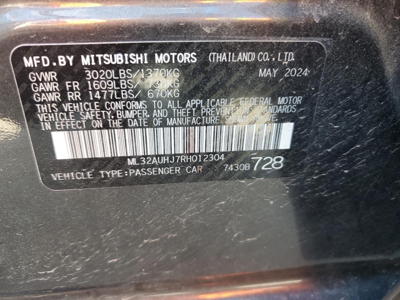 2024 Mitsubishi Mirage Es VIN: ML32AUHJ7RH012304 Lot: 61443945