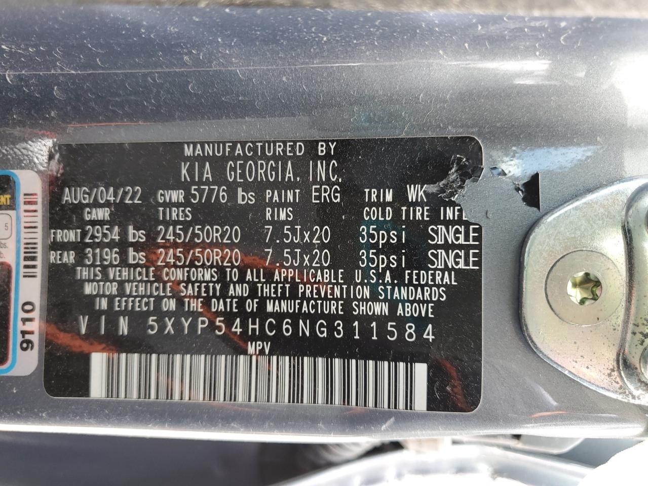2022 Kia Telluride Sx VIN: 5XYP54HC6NG311584 Lot: 62768075