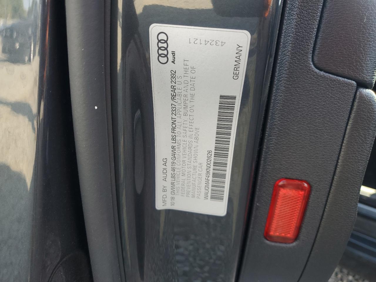 2019 Audi A4 Premium VIN: WAUGMAF49KN002626 Lot: 61869985