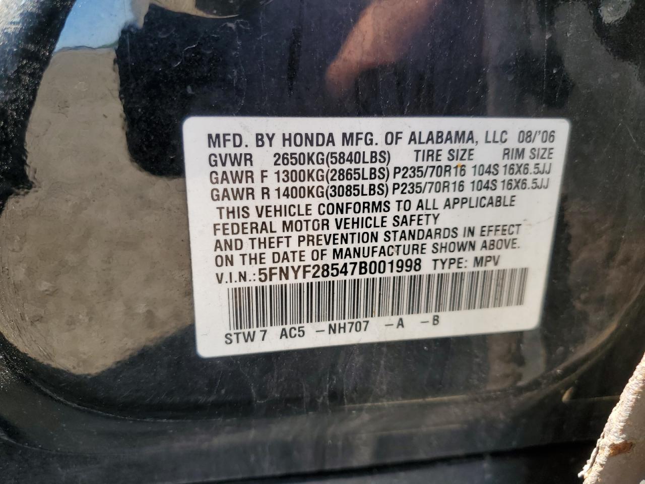 2007 Honda Pilot Exl VIN: 5FNYF28547B001998 Lot: 61931735