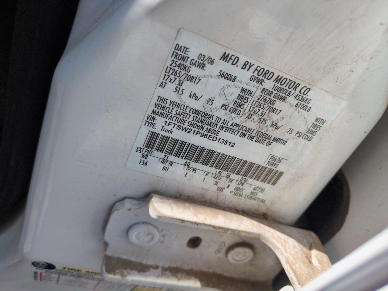 2006 Ford F250 Super Duty VIN: 1FTSW21P96ED13512 Lot: 93434805