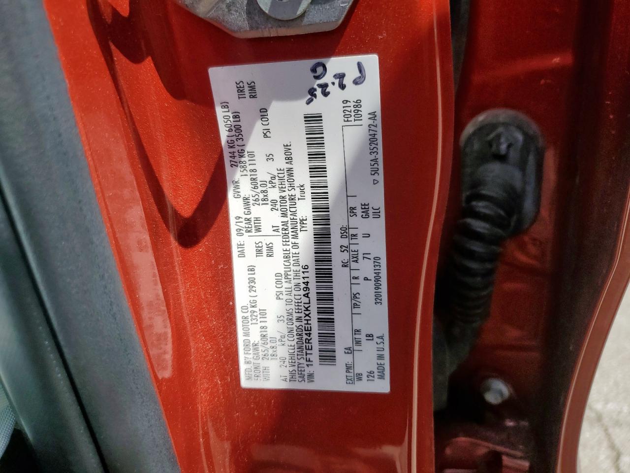 2019 Ford Ranger Xl VIN: 1FTER4EHXKLA94116 Lot: 61057795