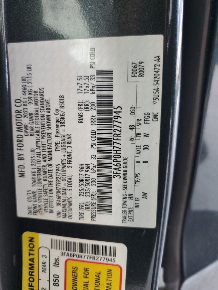 2015 Ford Fusion Se VIN: 3FA6P0H77FR277945 Lot: 92692285