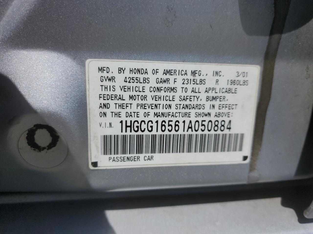 2001 Honda Accord Ex VIN: 1HGCG16561A050884 Lot: 60675525
