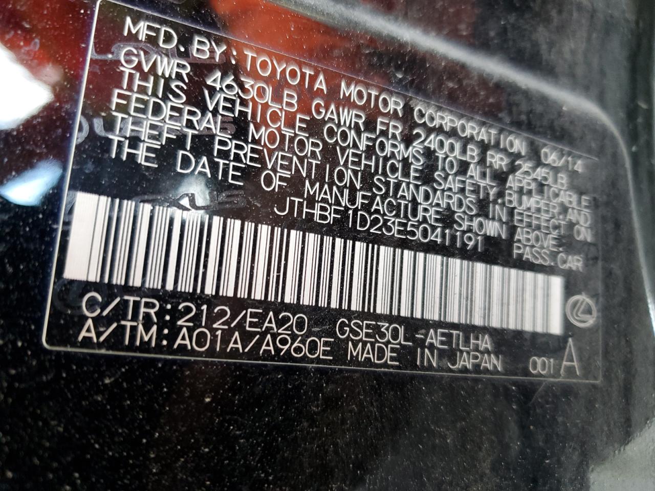 2014 Lexus Is 250 VIN: JTHBF1D23E5041191 Lot: 61636425