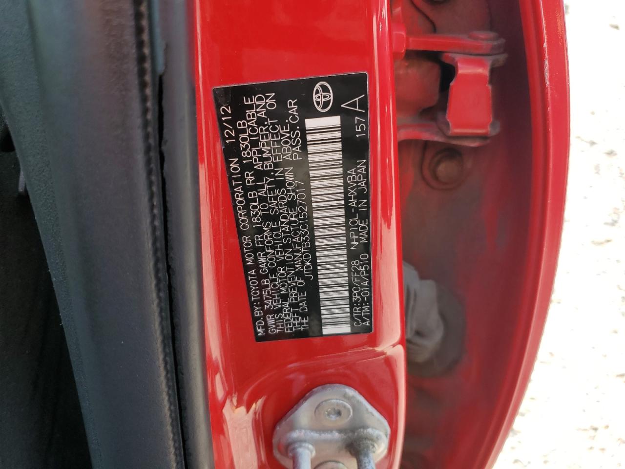 2012 Toyota Prius C VIN: JTDKDTB33C1527017 Lot: 58962805