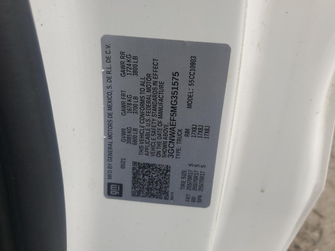 2021 Chevrolet Silverado C1500 VIN: 3GCNWAEF5MG351575 Lot: 62376875
