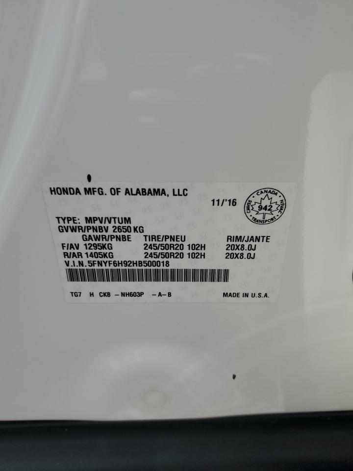 2017 Honda Pilot Touring VIN: 5FNYF6H92HB500018 Lot: 62134835