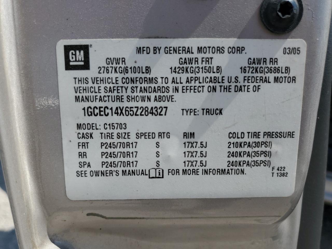 CHEVROLET ALL Models 2005 VIN 1GCEC14X65Z284327 фото 12