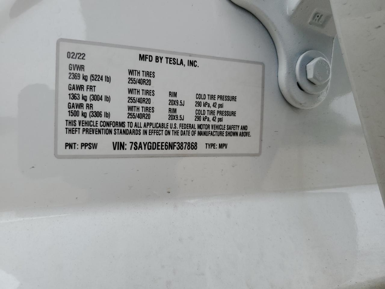 2022 Tesla Model Y VIN: 7SAYGDEE6NF387868 Lot: 60482435