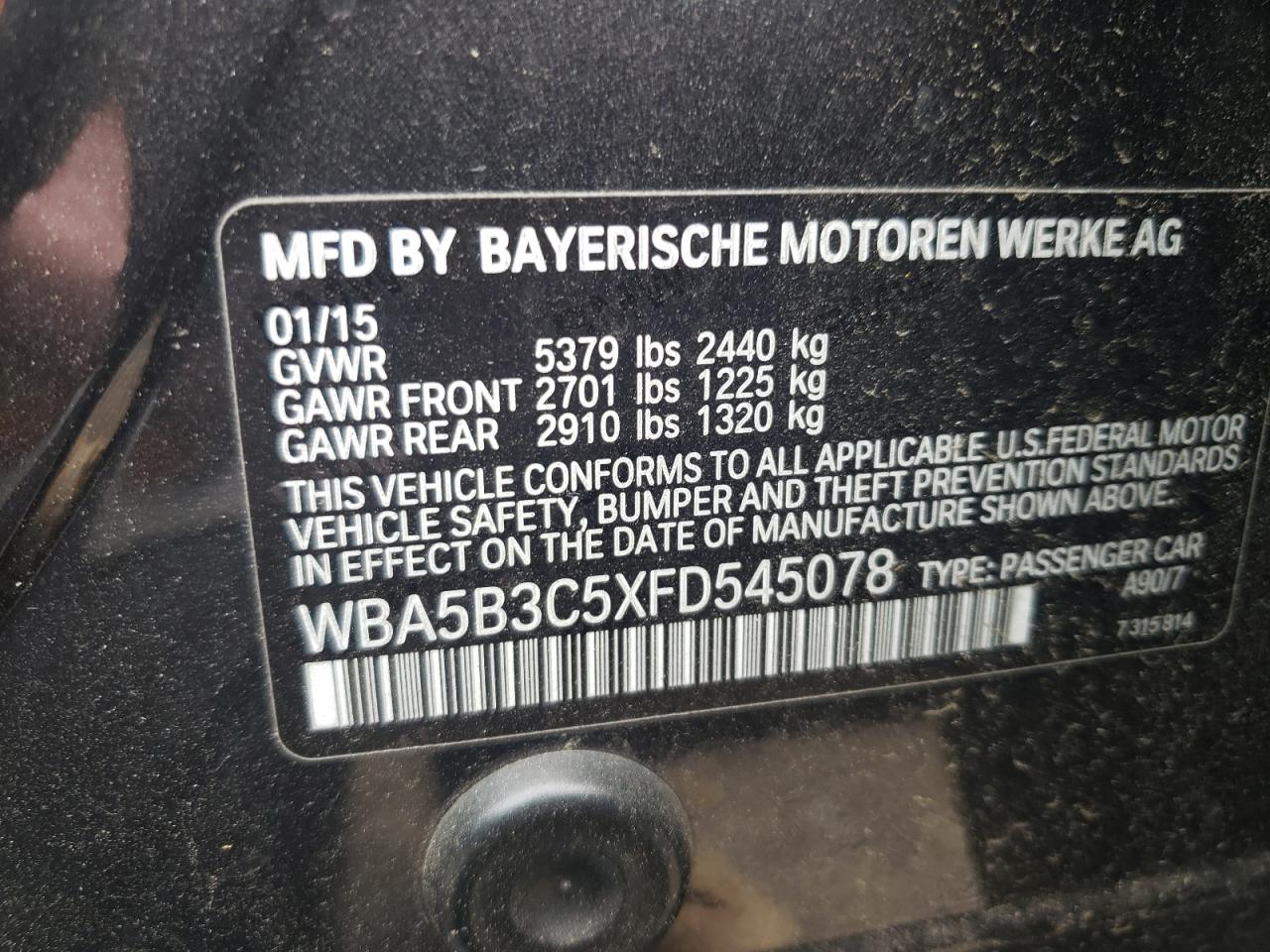 2015 BMW 535 Xi VIN: WBA5B3C5XFD545078 Lot: 62545975