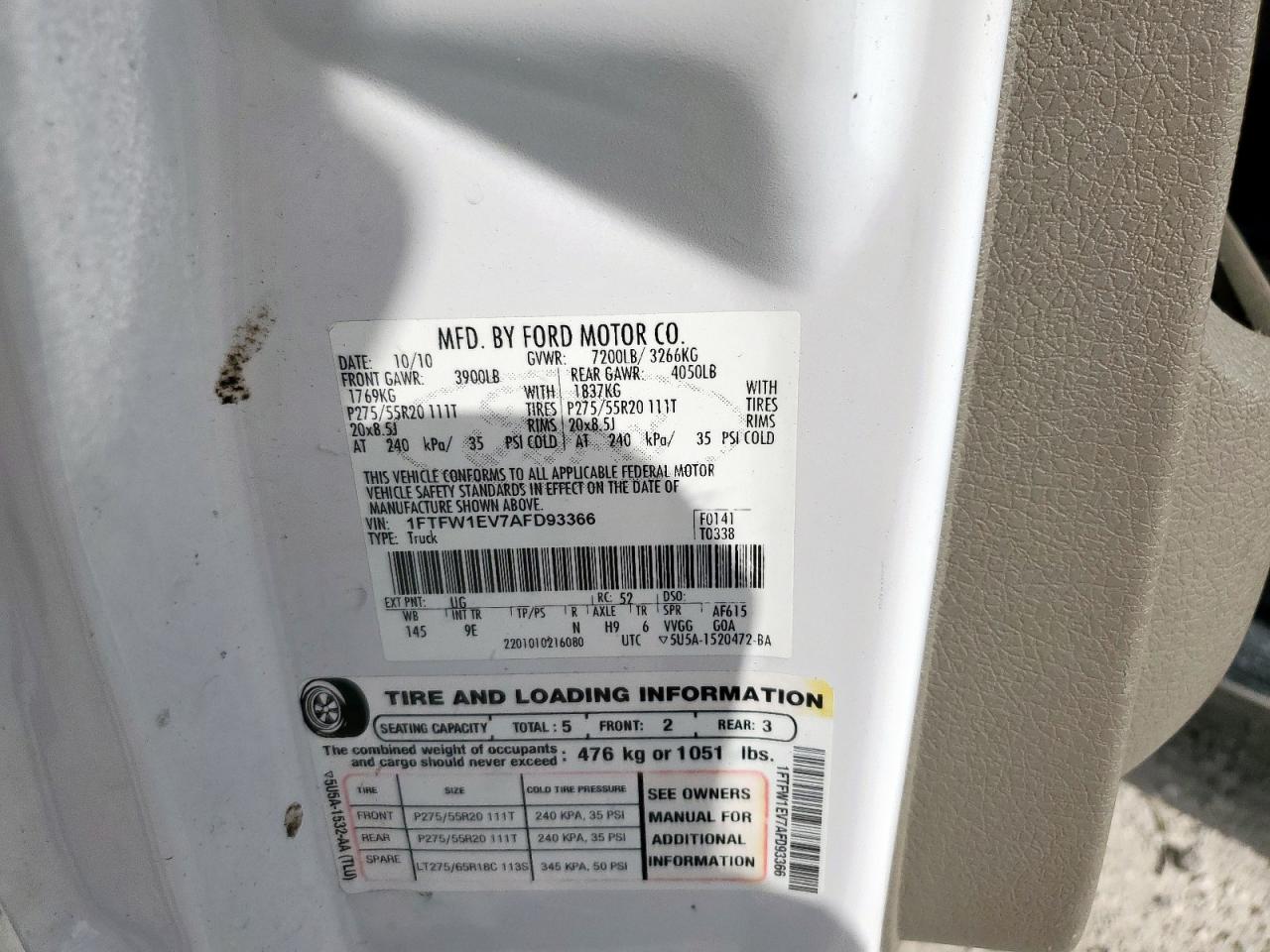 2010 Ford F150 Supercrew VIN: 1FTFW1EV7AFD93366 Lot: 61792585