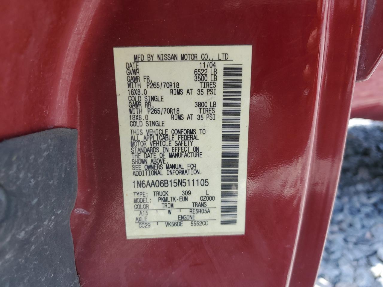 2005 Nissan Titan Xe VIN: 1N6AA06B15N511105 Lot: 60610495