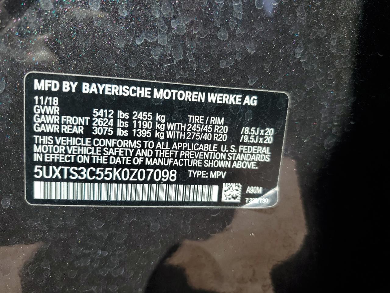 2019 BMW X3 xDrivem40I VIN: 5UXTS3C55K0Z07098 Lot: 62394985
