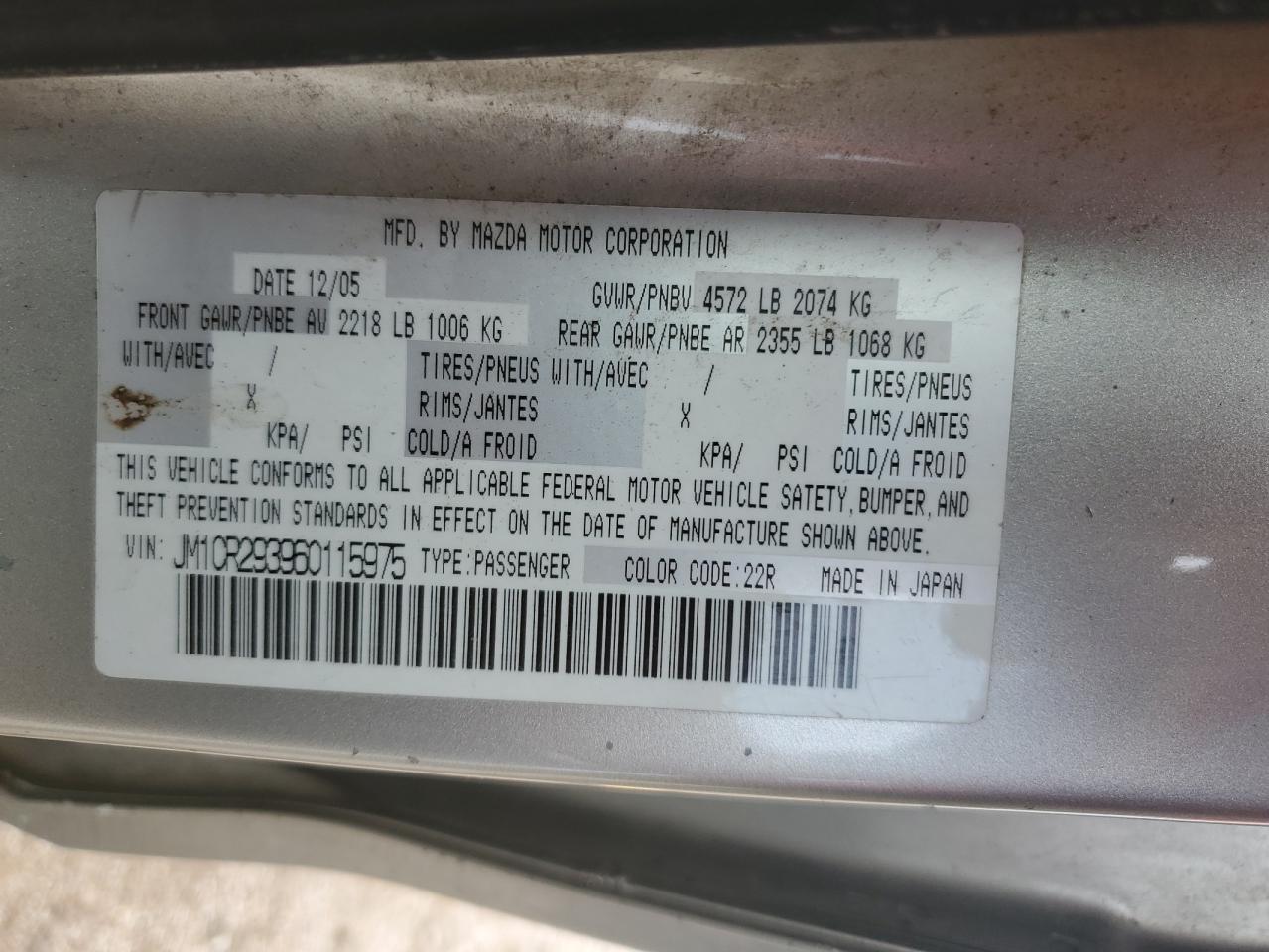2006 Mazda 5 VIN: JM1CR293960115975 Lot: 61309535