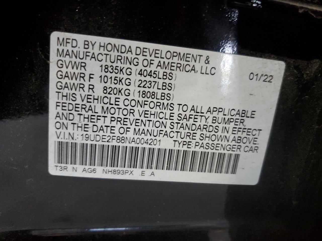 2022 Acura Ilx Premium A-Spec VIN: 19UDE2F88NA004201 Lot: 62326855