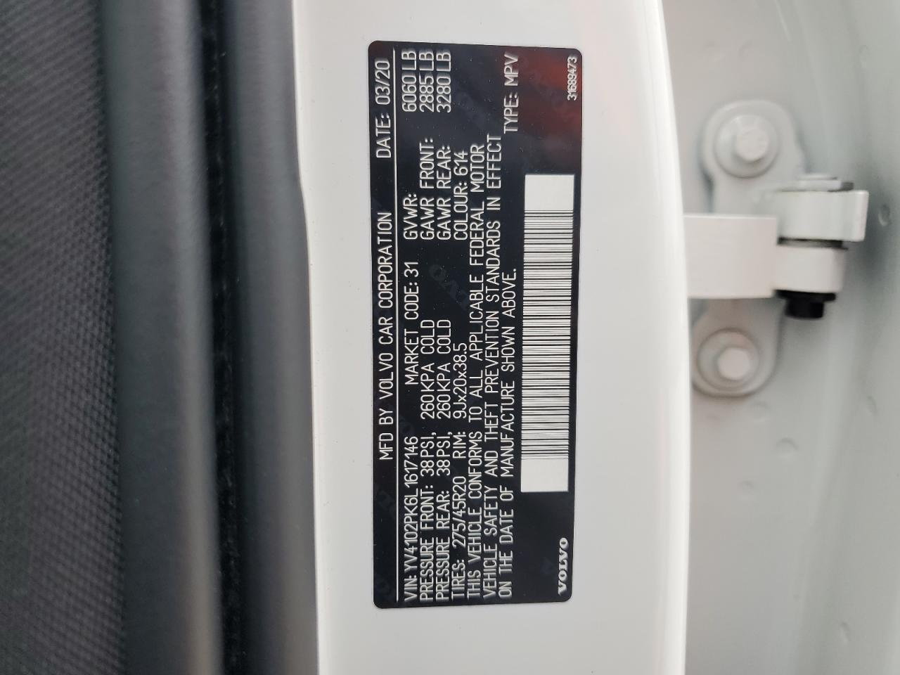 2020 Volvo Xc90 T5 Momentum VIN: YV4102PK6L1617146 Lot: 60168655
