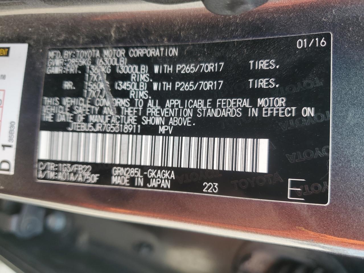 2016 Toyota 4Runner Sr5/Sr5 Premium VIN: JTEBU5JR7G5318911 Lot: 58828985