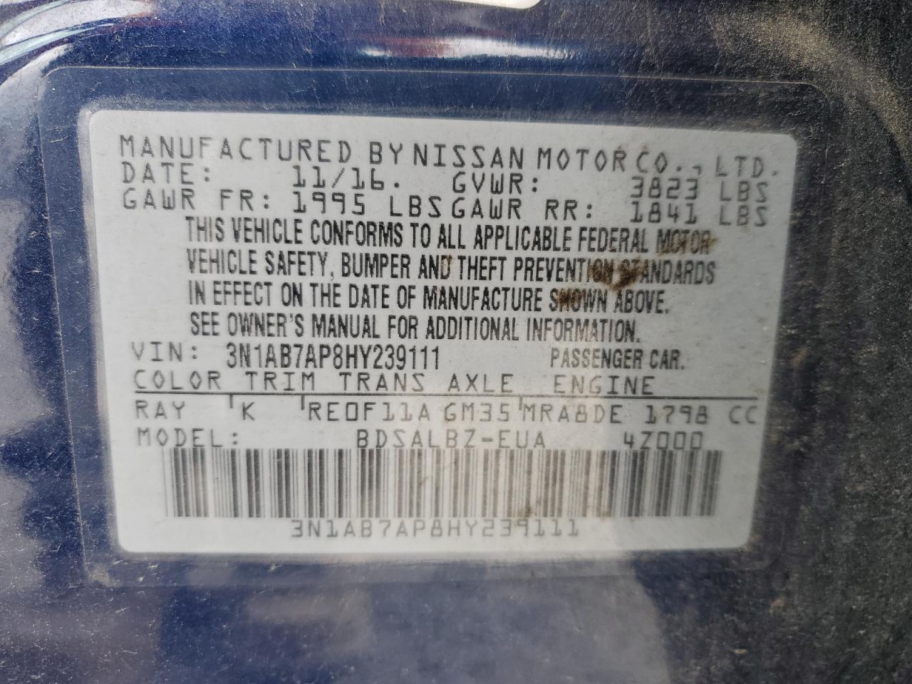 2017 Nissan Sentra S VIN: 3N1AB7AP8HY239111 Lot: 56918895