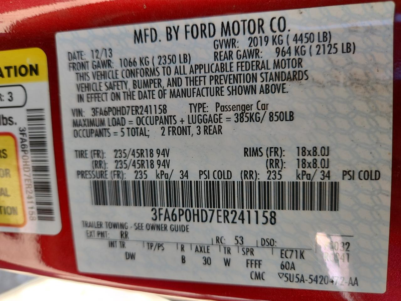 2014 Ford Fusion Se VIN: 3FA6P0HD7ER241158 Lot: 60857635