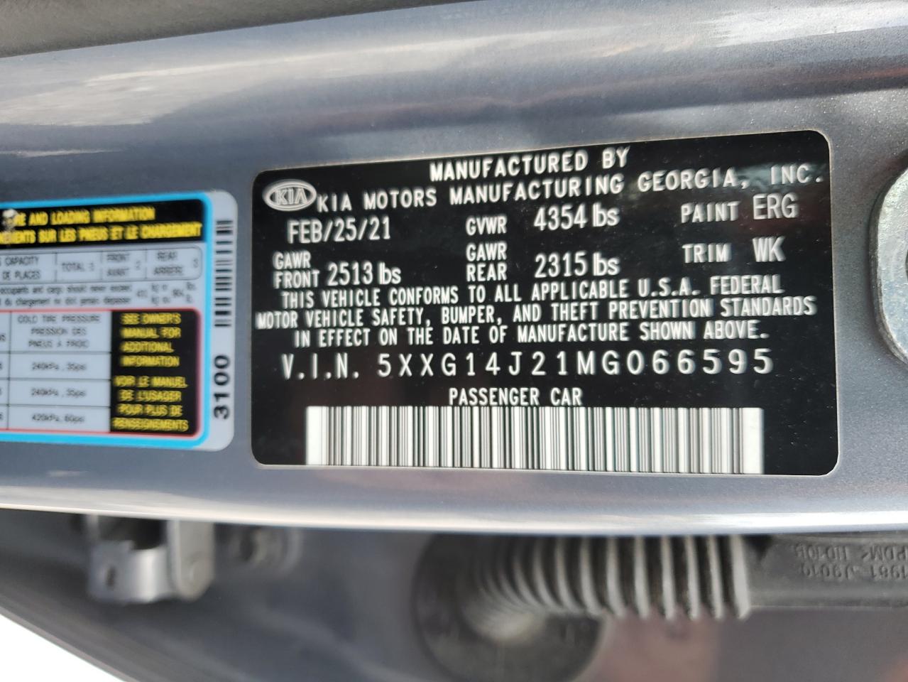 2021 Kia K5 Lxs VIN: 5XXG14J21MG066595 Lot: 62559215