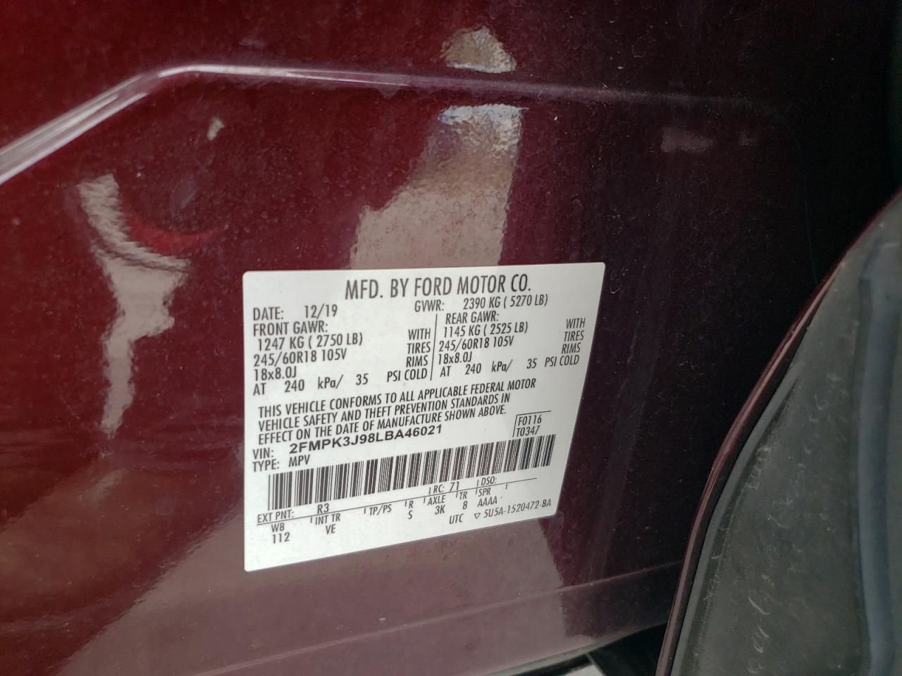 FORD EDGE 2020 VIN 2FMPK3J98LBA46021 фото 12