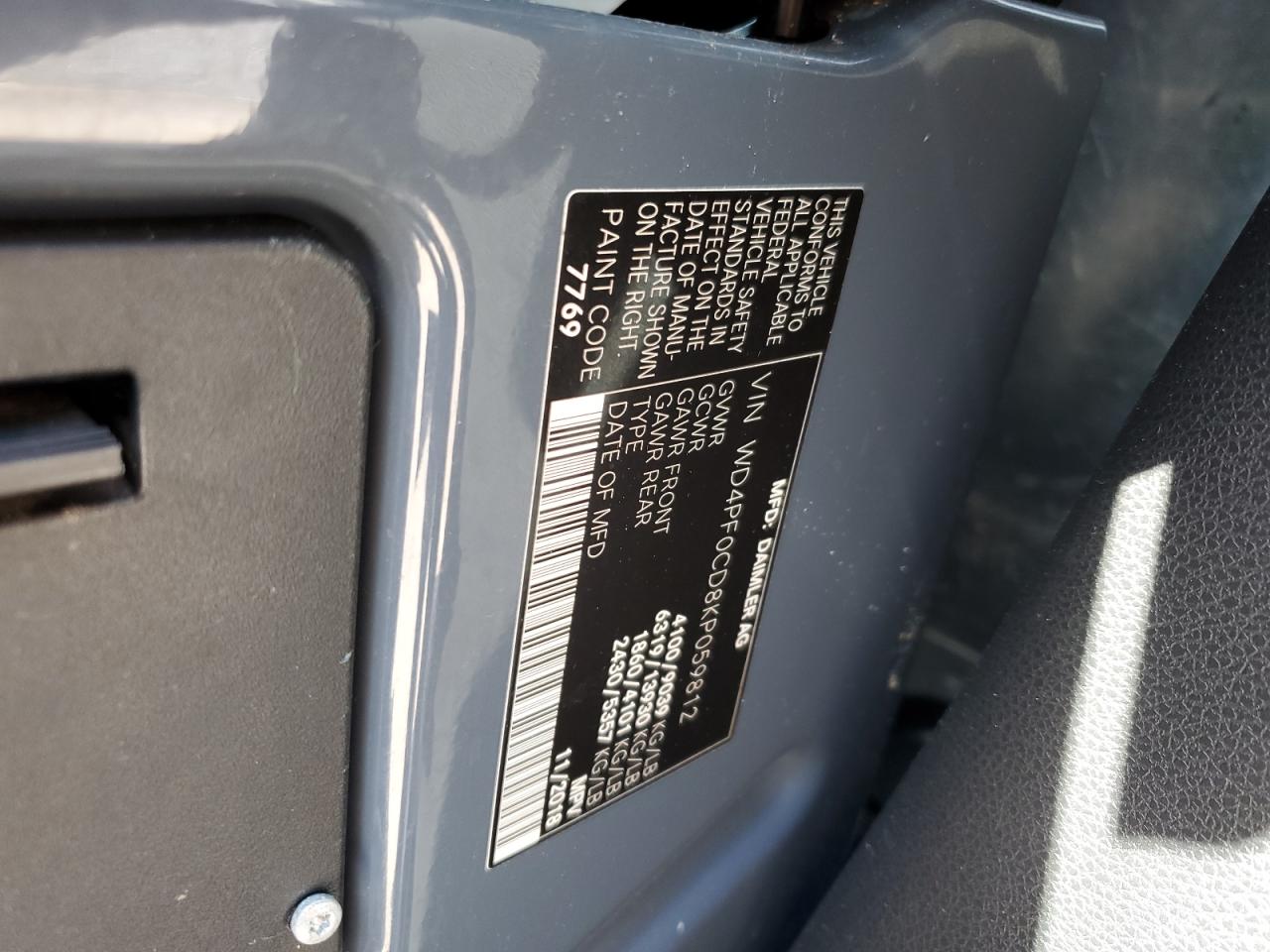 2019 Mercedes-Benz Sprinter 2500/3500 VIN: WD4PF0CD8KP059812 Lot: 58377535