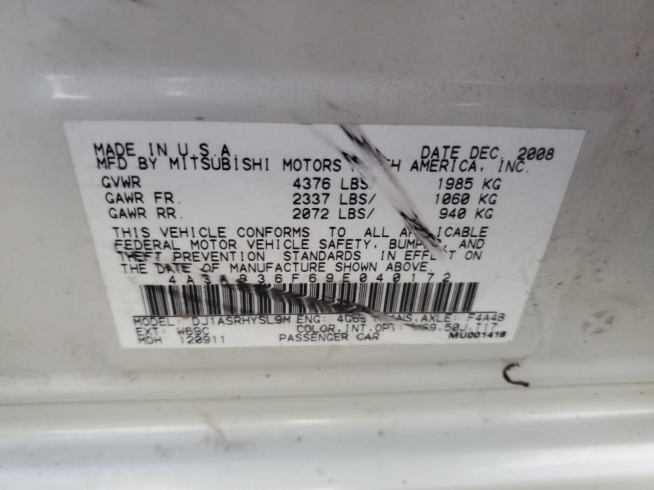 2009 Mitsubishi Galant Es VIN: 4A3AB36F69E040172 Lot: 61687575