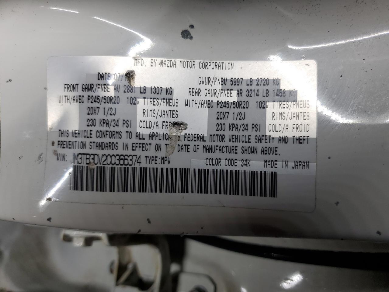 2012 Mazda Cx-9 VIN: JM3TB3DV2C0366374 Lot: 61179535