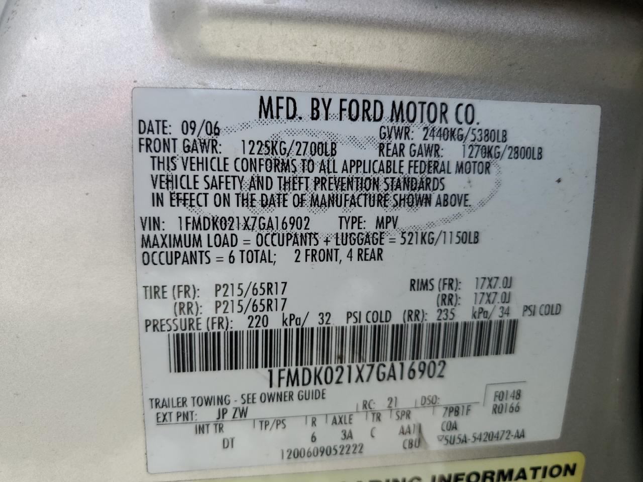 2007 Ford Freestyle Sel VIN: 1FMDK021X7GA16902 Lot: 61193015