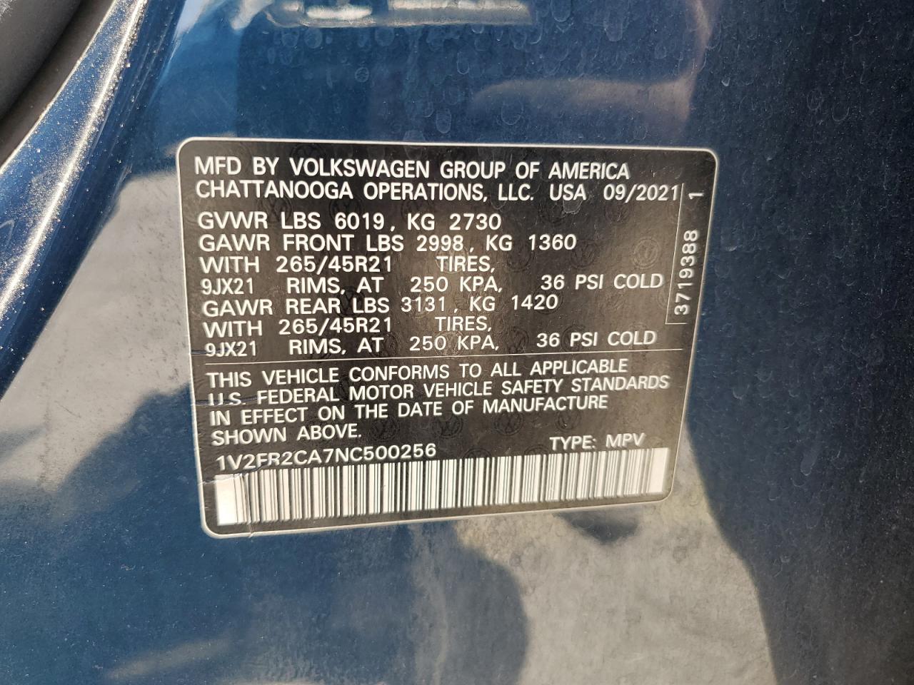 2022 Volkswagen Atlas Sel Premium R-Line VIN: 1V2FR2CA7NC500256 Lot: 62550475