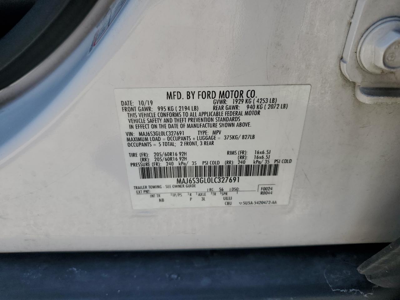 2020 Ford Ecosport Se VIN: MAJ6S3GL0LC327691 Lot: 62311905
