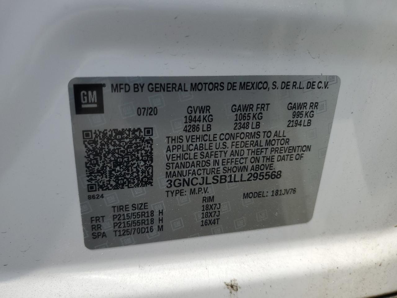 2020 Chevrolet Trax 1Lt VIN: 3GNCJLSB1LL295568 Lot: 61234785