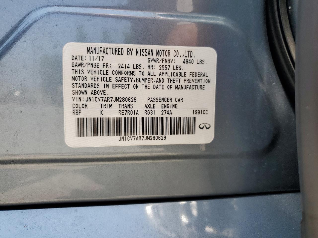 2018 Infiniti Q50 Pure VIN: JN1CV7AR7JM280629 Lot: 62572525