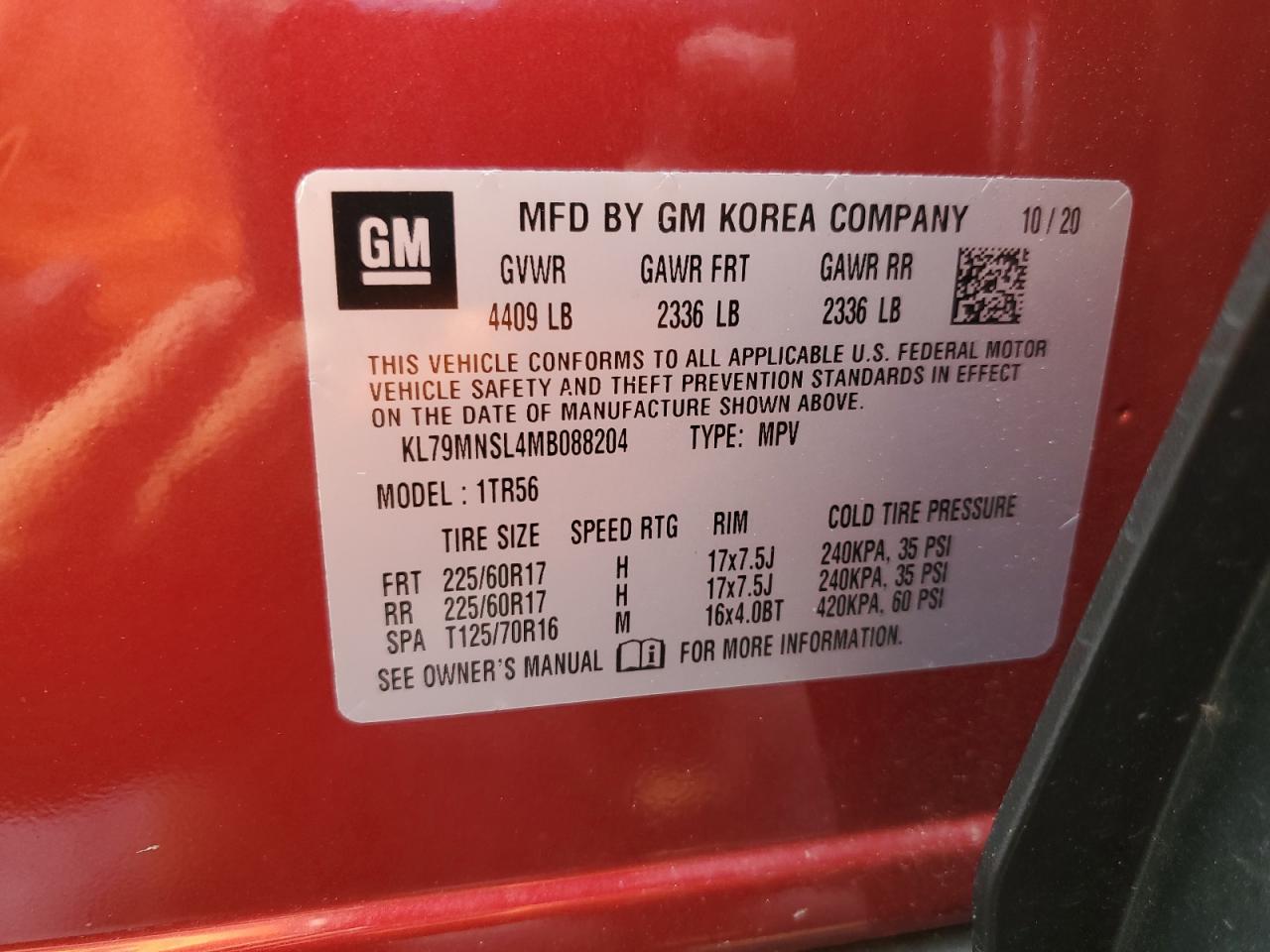 2021 Chevrolet Trailblazer Ls VIN: KL79MNSL4MB088204 Lot: 60413045