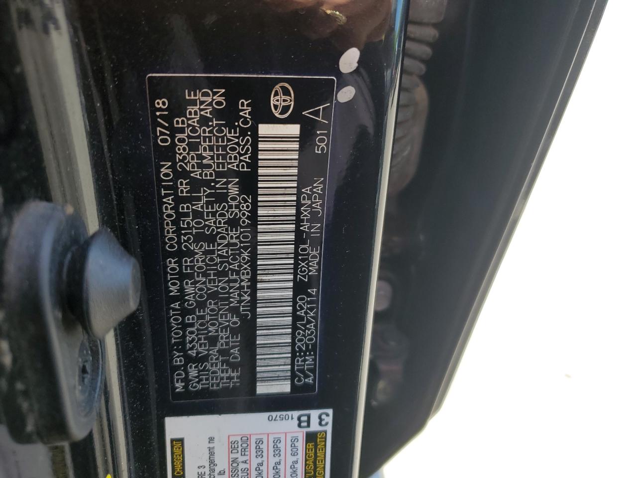 2019 Toyota C-Hr Xle VIN: JTNKHMBX9K1019982 Lot: 61669325