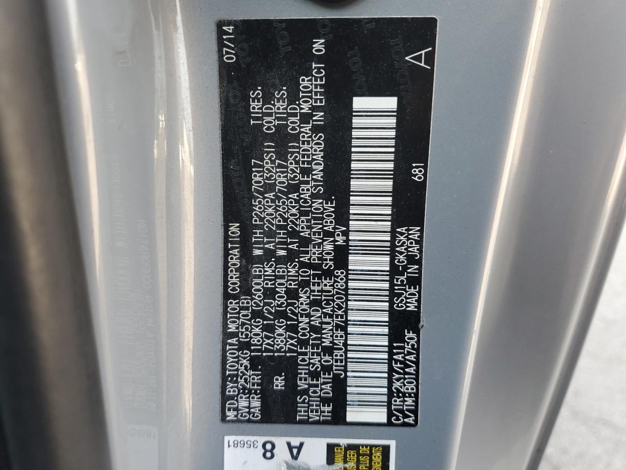 2014 Toyota Fj Cruiser VIN: JTEBU4BF7EK207868 Lot: 62120245
