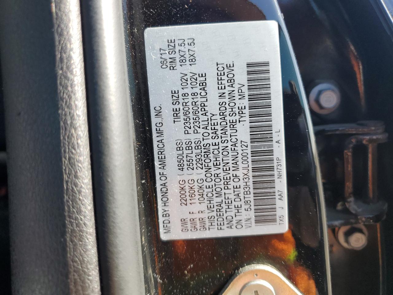 2018 Acura Rdx VIN: 5J8TB3H3XJL000127 Lot: 62745795