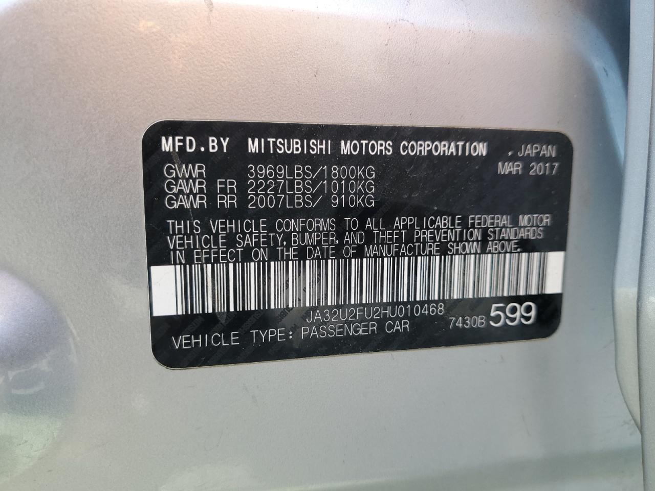 2017 Mitsubishi Lancer Es VIN: JA32U2FU2HU010468 Lot: 63150905
