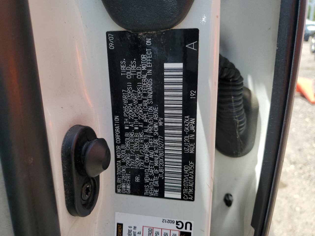 2008 Lexus Gx 470 VIN: JTJBT20X780152777 Lot: 62127015