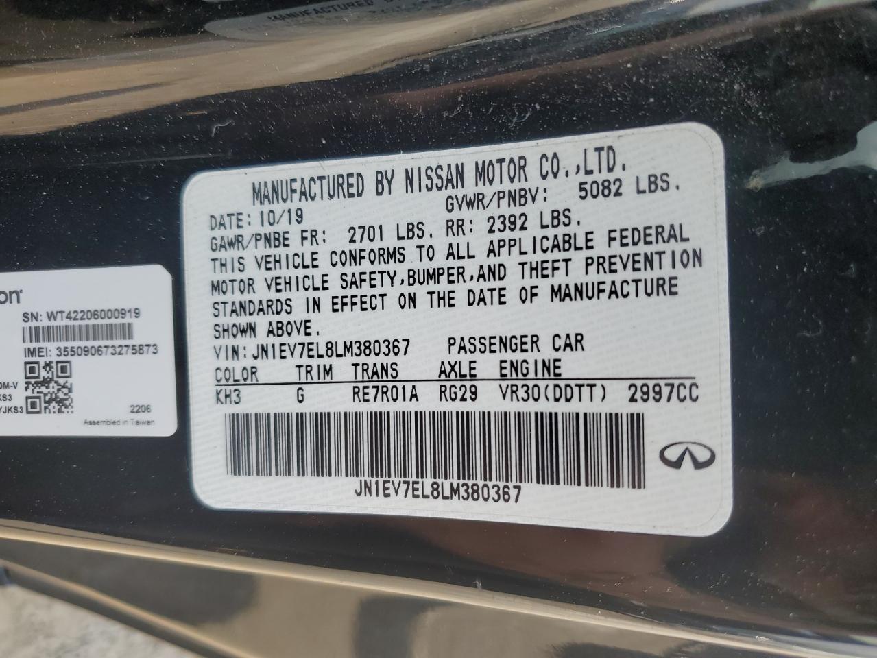2020 Infiniti Q60 Pure VIN: JN1EV7EL8LM380367 Lot: 62454945