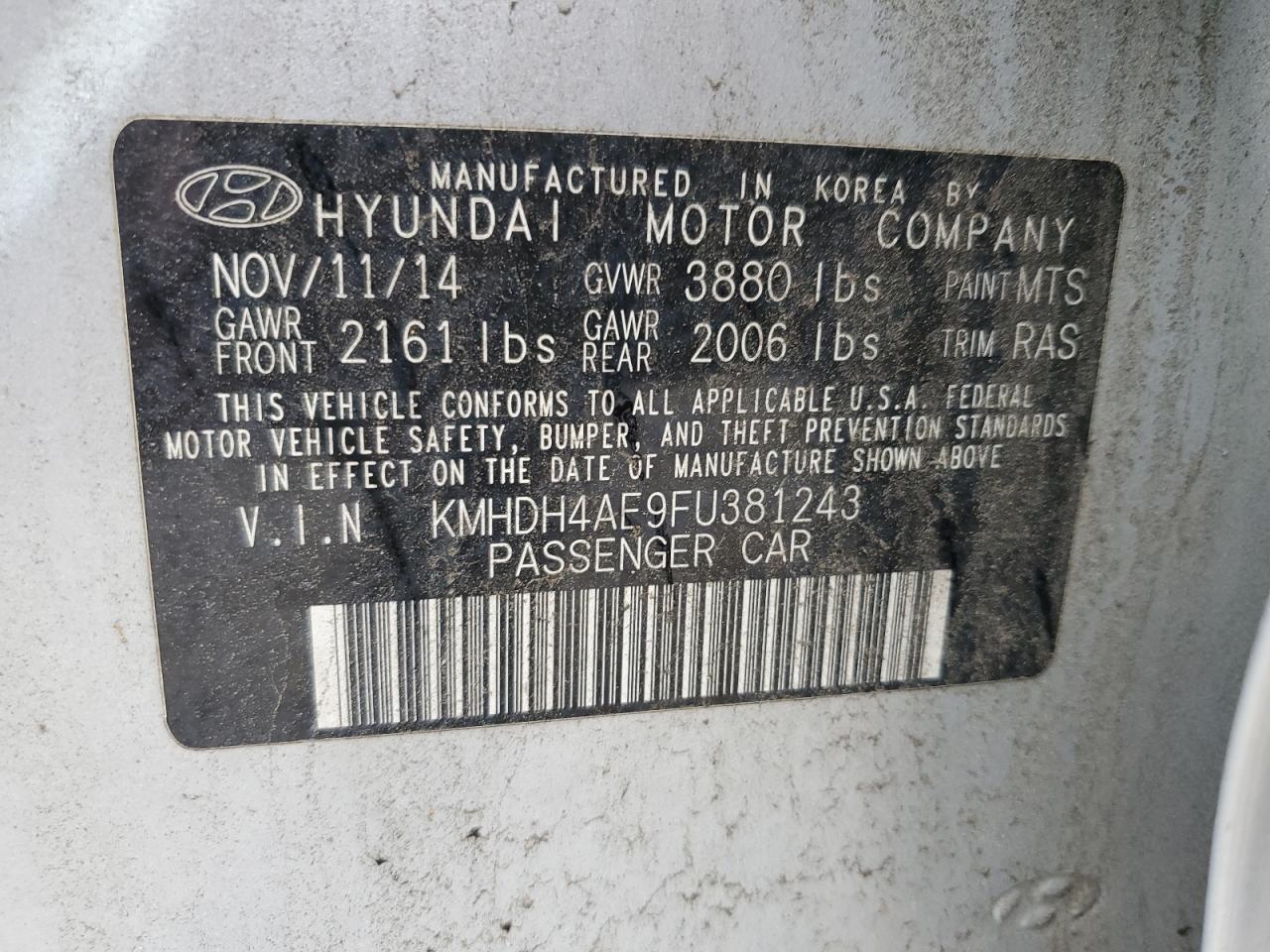 2015 Hyundai Elantra Se VIN: KMHDH4AE9FU381243 Lot: 62599575
