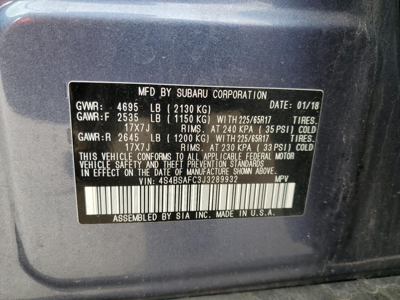 2018 Subaru Outback 2.5I Premium VIN: 4S4BSAFC3J3289932 Lot: 62462725